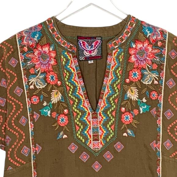 Johnny Was S Womens Linen Embroidered Brown Popover Dress Floral Boho - Picture 4 of 9